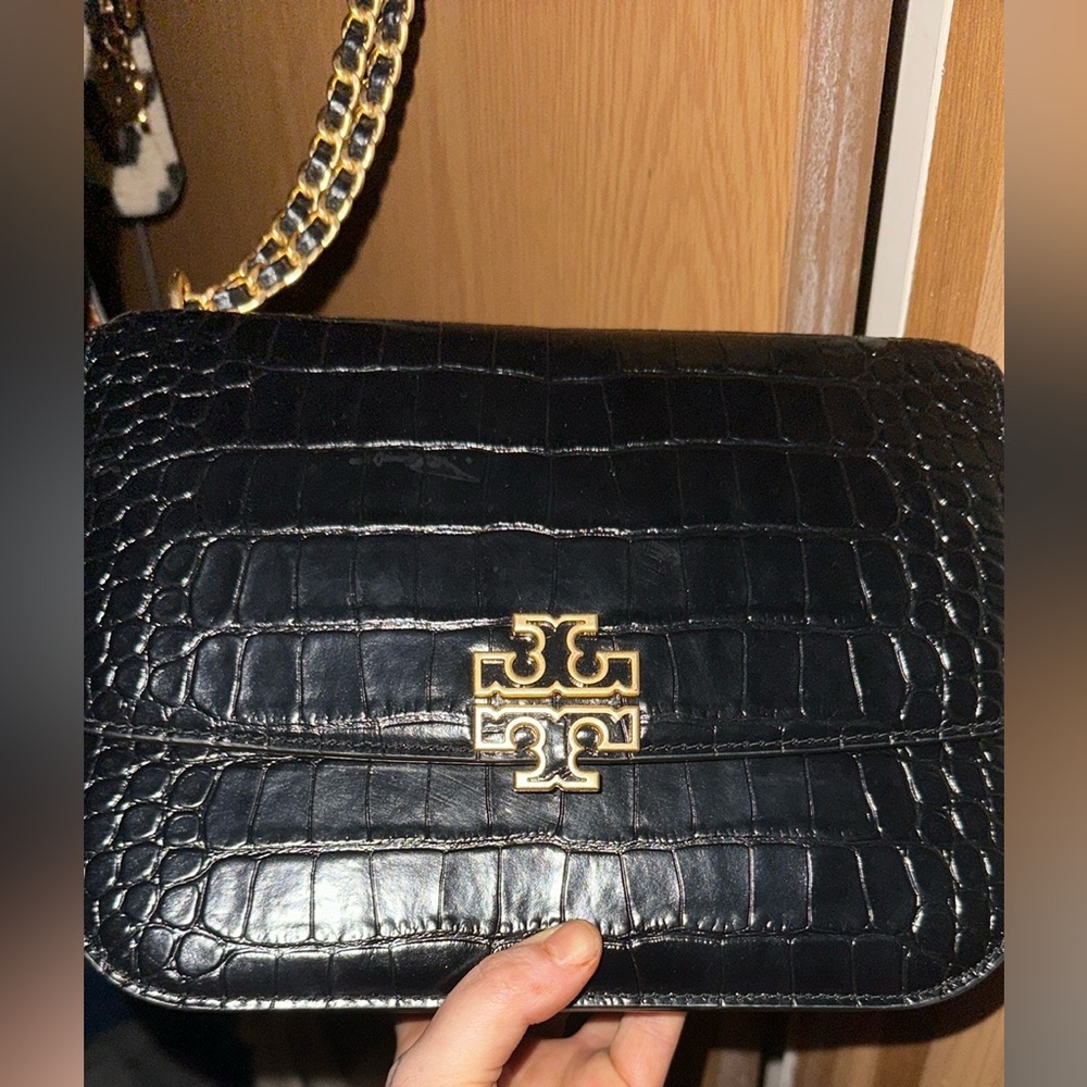 Tory Burch Black Croc Embossed Clutch with Gold Logo
